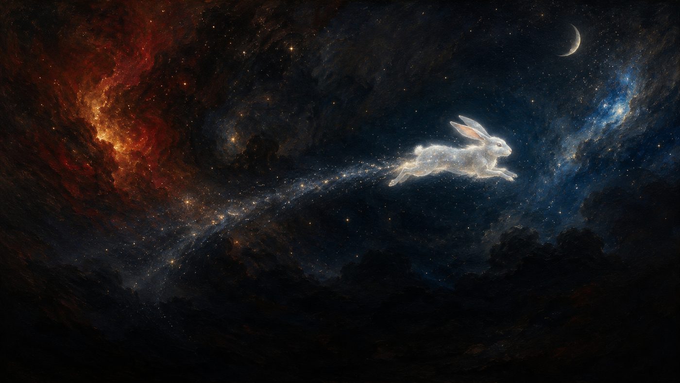 A luminous white rabbit leaping through deep space, trailing stardust